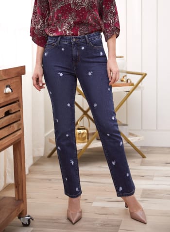 Floral Embroidery Straight Leg Jeans, Blue