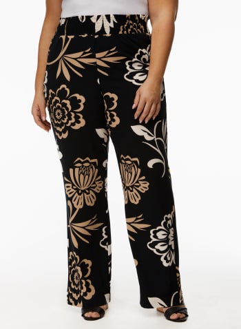 Pantalon à enfiler à jambe large et motif floral, Motif noir