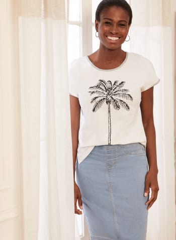 Palm Tree Print T-Shirt, White Pattern