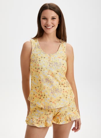 Printed Pyjama Tank and Shorts Set, Yellow Pattern