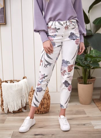 Floral Print Ankle Length Jeans, White
