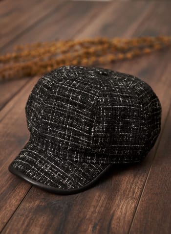 Vegan Leather Trim Tweed Cap, Black