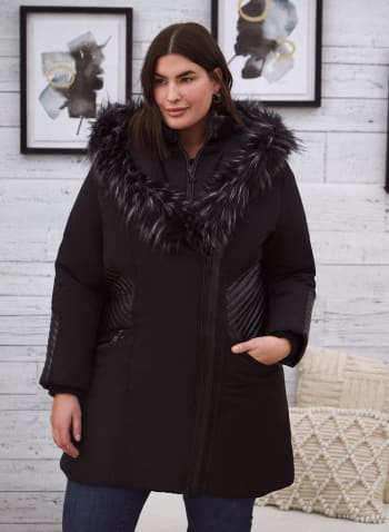 Faux Fur Trim Asymmetrical Coat, Black