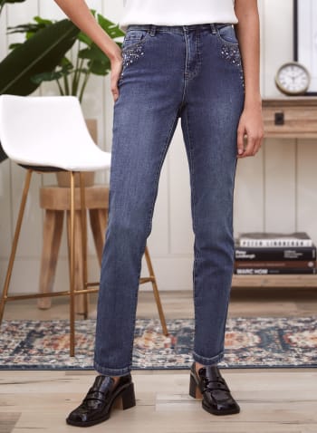 Embroidered Straight Leg Jeans, Blue