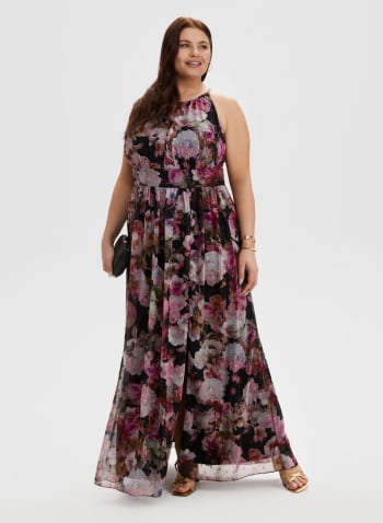 Floral Print Halter Neck Dress, Black Pattern