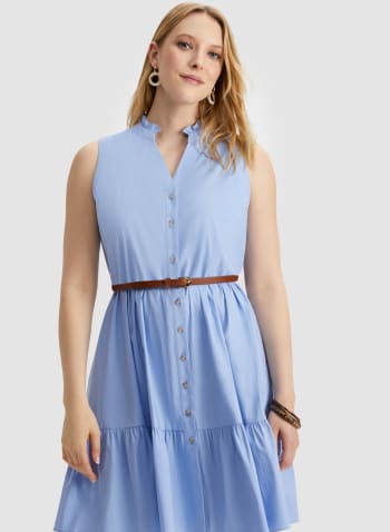 Belted Button Front Dress, Blue Pattern
