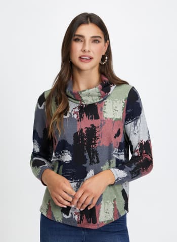 Camouflage Print Cowl Neck Top, Grey Pattern