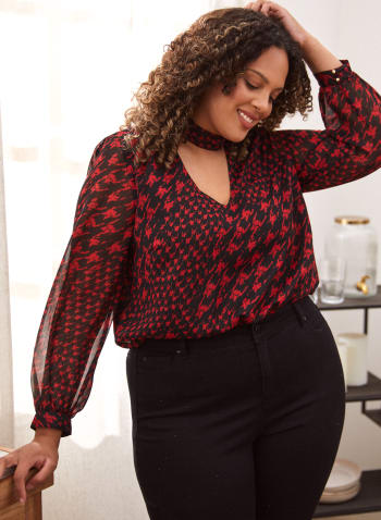 Houndstooth Print Blouse, Red Pattern