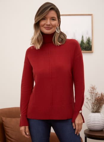 Split Cuff Turtleneck Sweater, Red