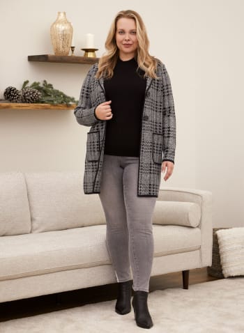 Houndstooth Button Front Coatigan, Grey Pattern