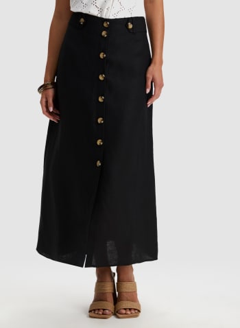 Button Detail Linen Maxi Skirt, Black