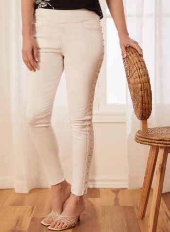 Jeans à jambe droite à détails cloutés et pierres du Rhin , Blanc
