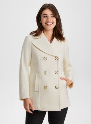 Manteau en laine mélangée à col cranté, Blanc