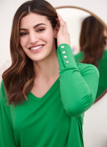 V-Neck Button Detail Top, Kelly Green