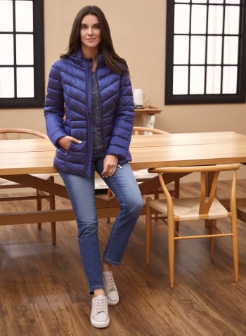 Packable Vegan Down Quilted Coat, Marina Blue