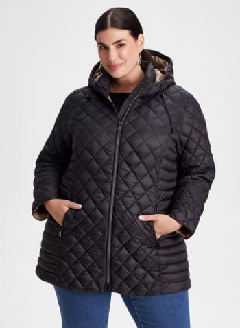 Diamond Quilted Hooded Coat, Black