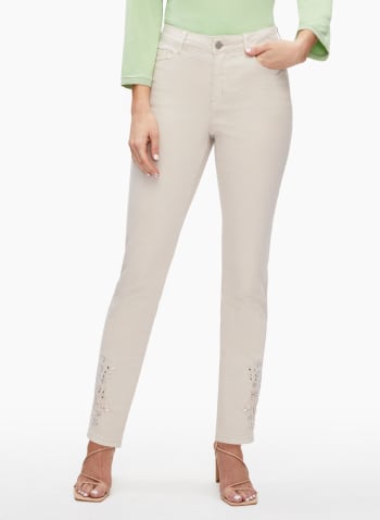 Embellished Floral Embroidery Jeans, Stone 