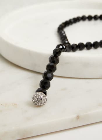 Collier en Y à perles facettées et cristaux, Noir