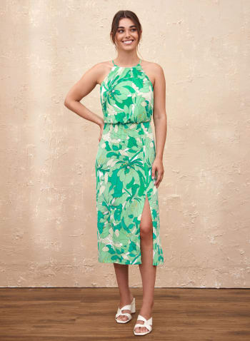 Abstract Floral Print Halter Dress, Green Pattern
