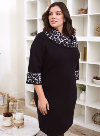 Leopard Print Sweater Dress, Black