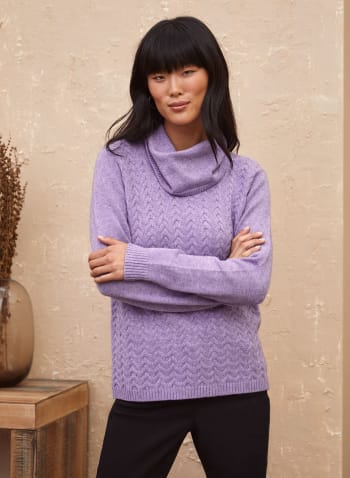 Cowl Neck Cable Knit Sweater, Purple