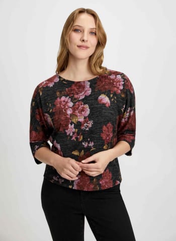 Wide Sleeve Floral Print Sweater, Grey Pattern
