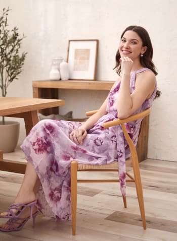 Floral Print High-Low Dress, Purple Pattern