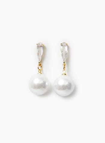 Boucles d'oreilles à perle et pierre à facettes, Blanc perle