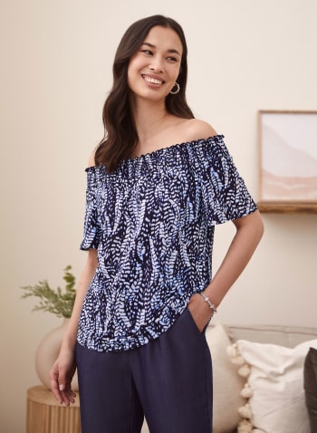 Feather Print Top, Blue Pattern
