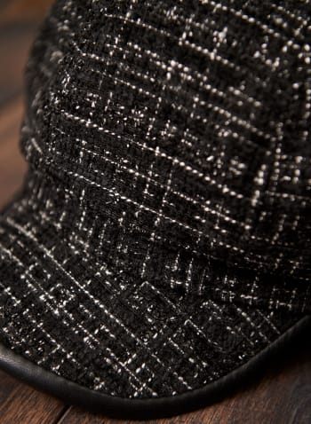 Vegan Leather Trim Tweed Cap, Black