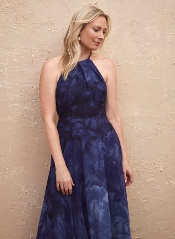 Floral Print Halter Neck Dress, Blue Pattern