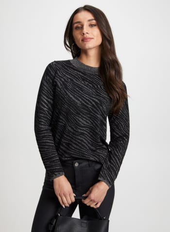 Sparkly Zebra Motif Shimmer Sweater, Black Pattern