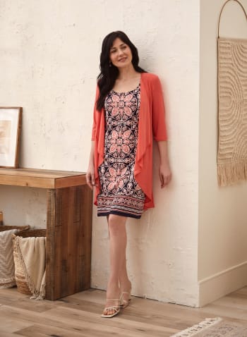 Geometric Print Dress & Cardigan Set, Coral Orange