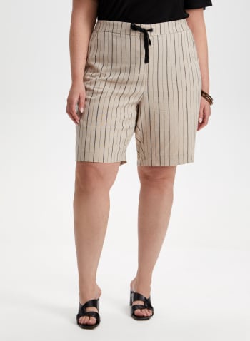 Striped Linen Pull-On Shorts, Mushroom Mix
