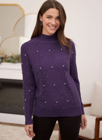 Pearl Detail Cable Knit Sweater, Purple