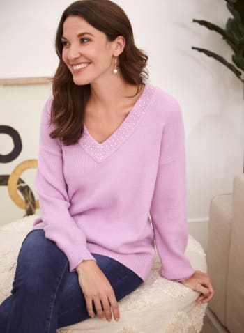 Pearl Detail V-Neck Sweater, Purple