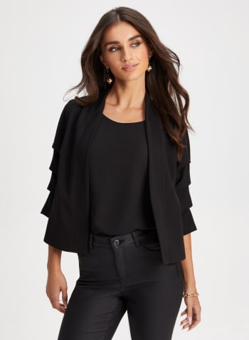 Pinched Sleeve Open Front Top, Black