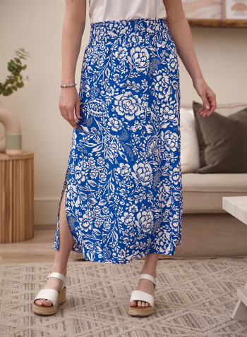 Floral Smocked Pull-On Skirt, Blue