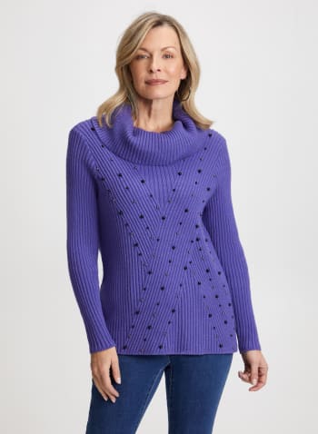 Cowl Neck Stud Detail Sweater, Blue Violet