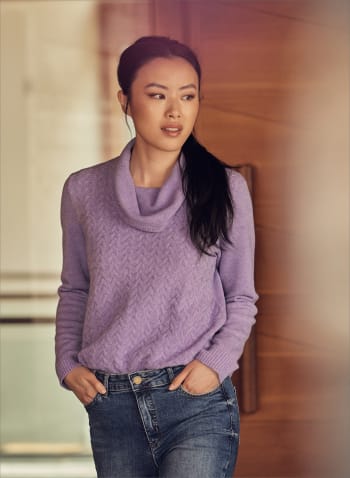 Cowl Neck Cable Knit Sweater, Purple