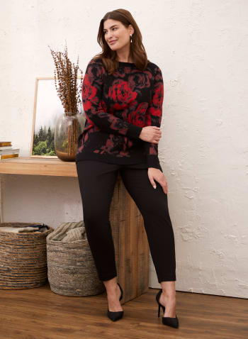 Rose Print Crewneck Sweater, Red Pattern