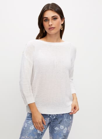Button Detail 3/4 Sleeve Sweater, White