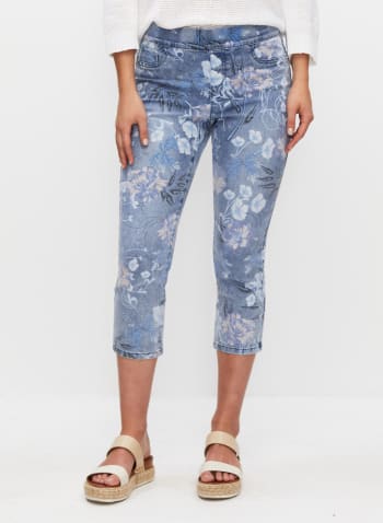 Floral Print Pull-On Capris, Blue Pattern
