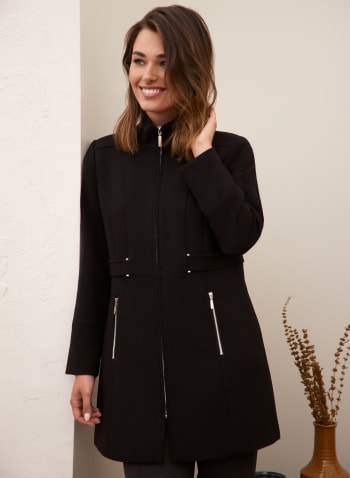 Structured Tab Detail Tricotine Coat, Black