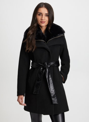 Stretch Faux Wool Trench Coat, Black