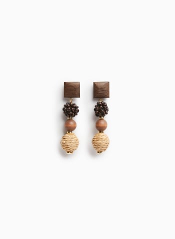 Wood & Raffia Dangle Earrings, Mushroom Mix
