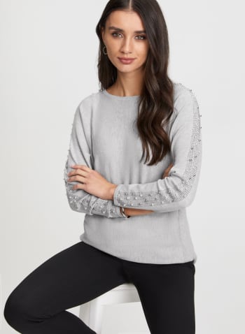 Pearl & Stud Detail Sweater, Light Grey Mix