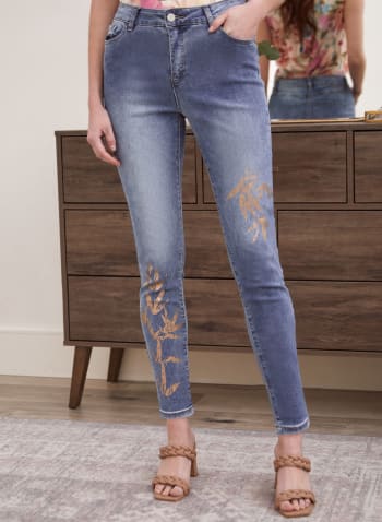 Foil Print Slim Leg Jeans, Pale Blue