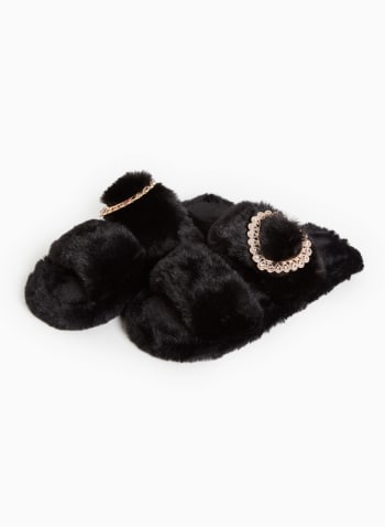 Decorative Buckle Fur Slippers, Black