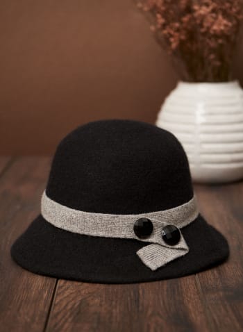 Button Detail Wool Blend Hat, Black